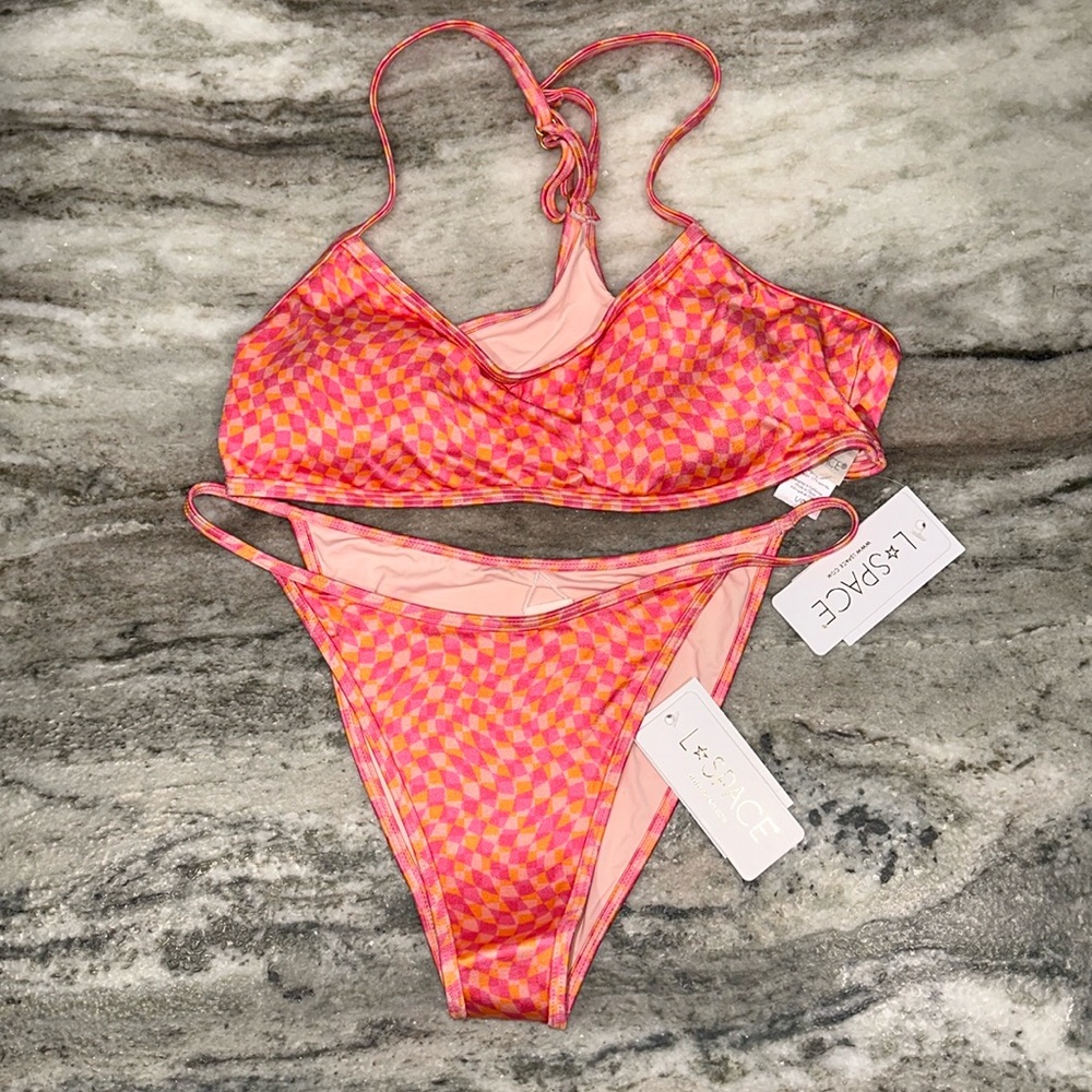 L Space BIKINI - Pamela Racerback Top Tommy Bitsy Bottom Heat Wave L*Space Sz L